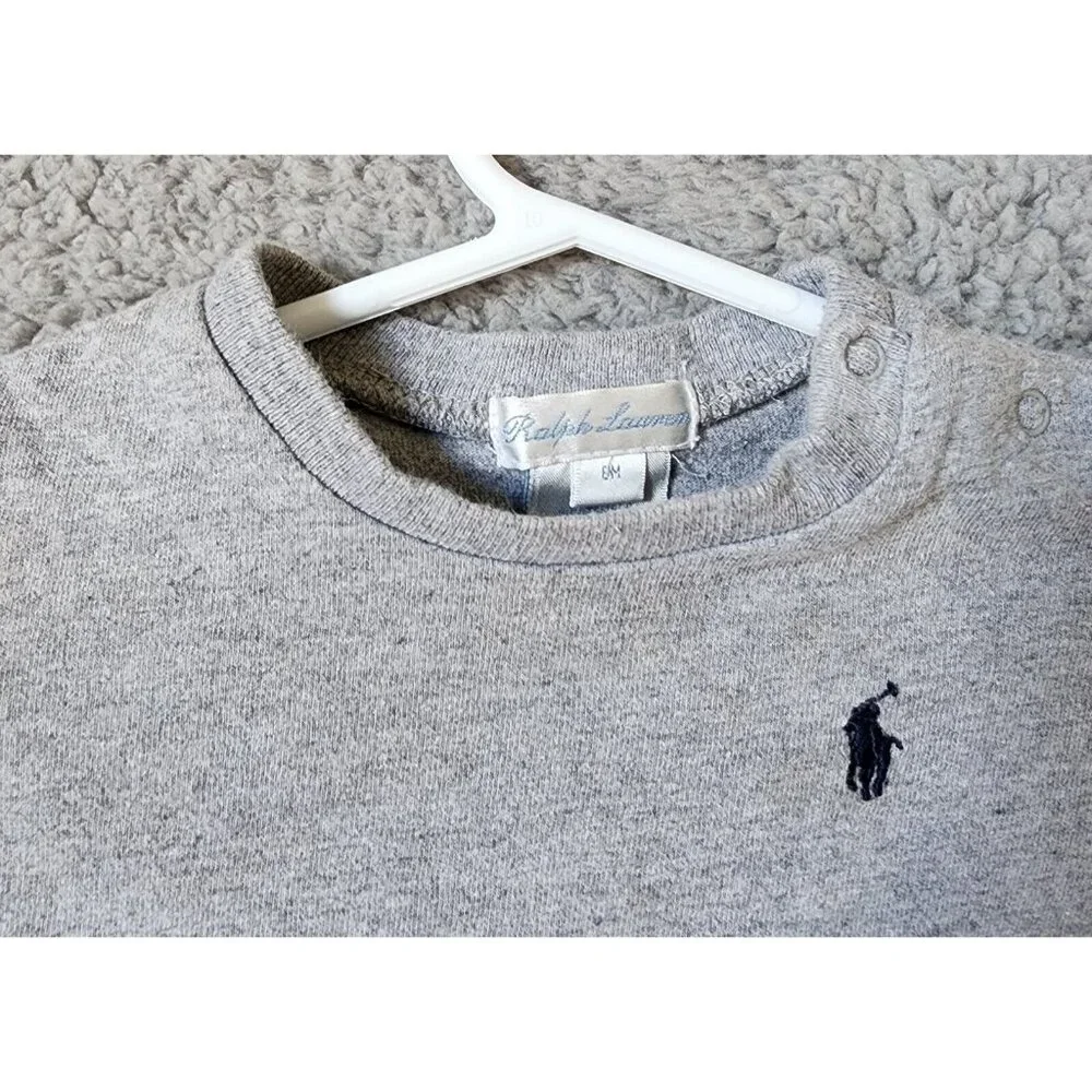 Ralph Lauren Gray Snap Buttons Shoulder Pony Logo‎ T Shirt Baby Size 6 Months